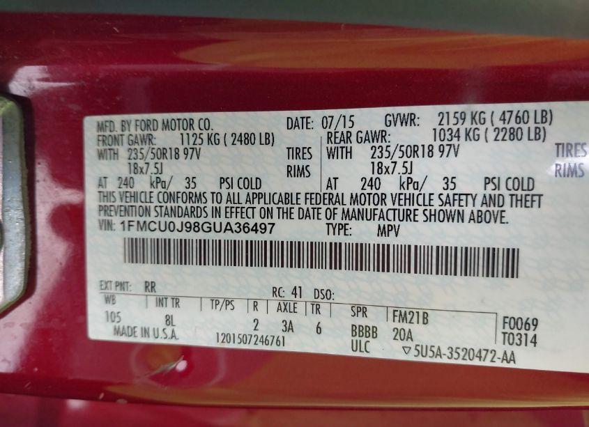 Photo 9 of 2016 Ford Escape TITANIUM (VIN 1FMCU0J98GUA36497)