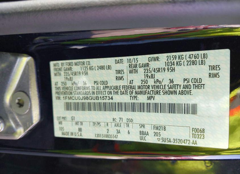 Photo 9 of 2016 Ford Escape TITANIUM (VIN 1FMCU0J98GUB15734)