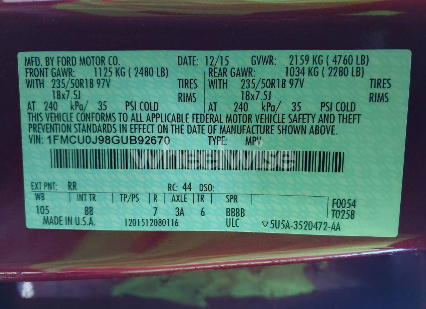 Photo 9 of 2016 Ford Escape TITANIUM (VIN 1FMCU0J98GUB92670)