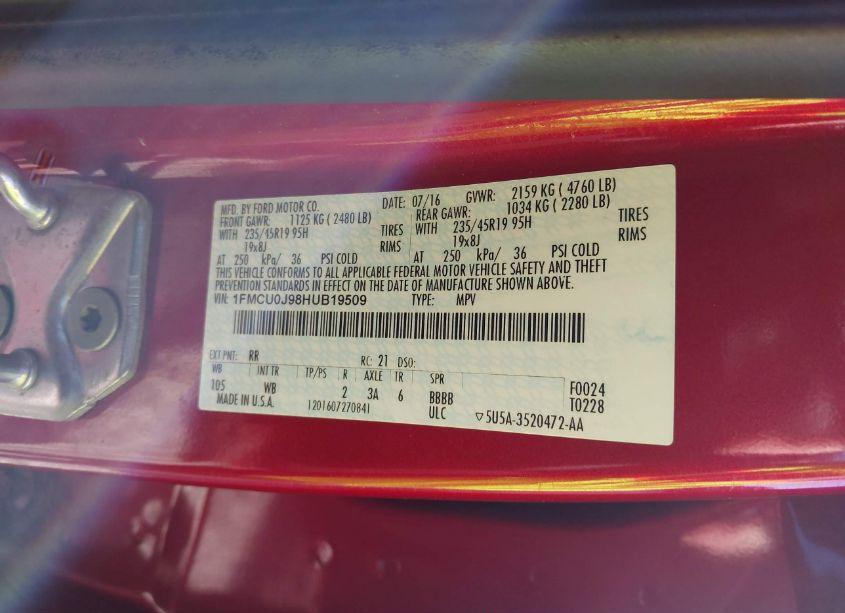 Photo 9 of 2017 Ford Escape TITANIUM (VIN 1FMCU0J98HUB19509)