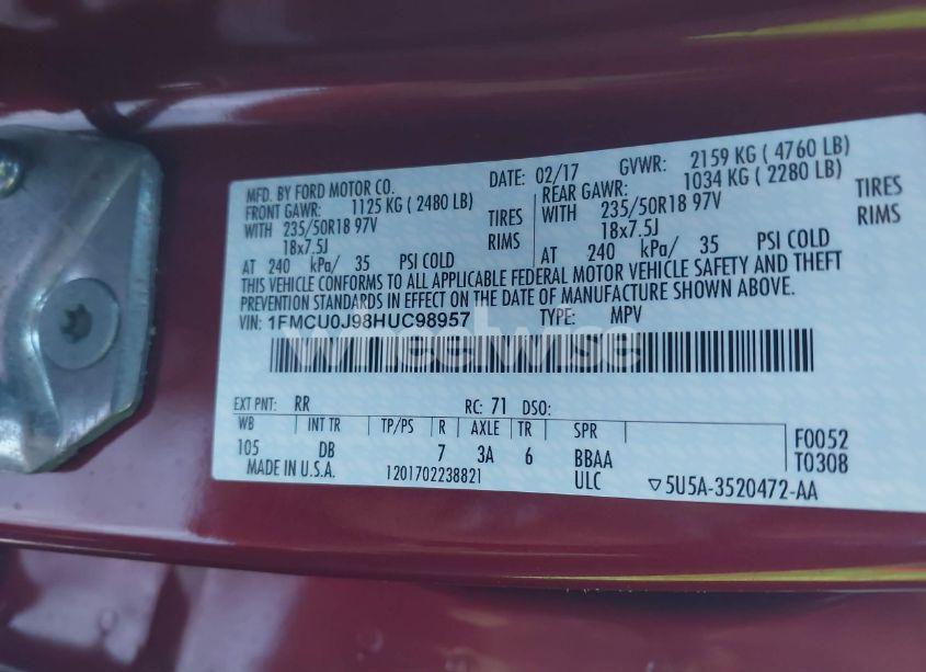 Photo 9 of 2017 Ford Escape TITANIUM (VIN 1FMCU0J98HUC98957)