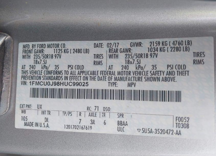 Photo 9 of 2017 Ford Escape TITANIUM (VIN 1FMCU0J98HUC99025)