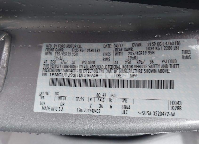 Photo 9 of 2017 Ford Escape TITANIUM (VIN 1FMCU0J98HUD86746)