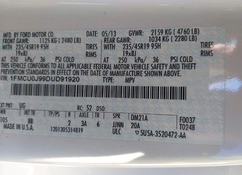 Photo 9 of 2013 Ford Escape TITANIUM (VIN 1FMCU0J99DUD91920)