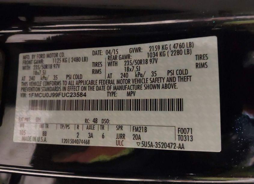 Photo 9 of 2015 Ford Escape TITANIUM (VIN 1FMCU0J99FUC23584)