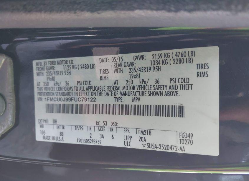 Photo 9 of 2015 Ford Escape TITANIUM (VIN 1FMCU0J99FUC79122)