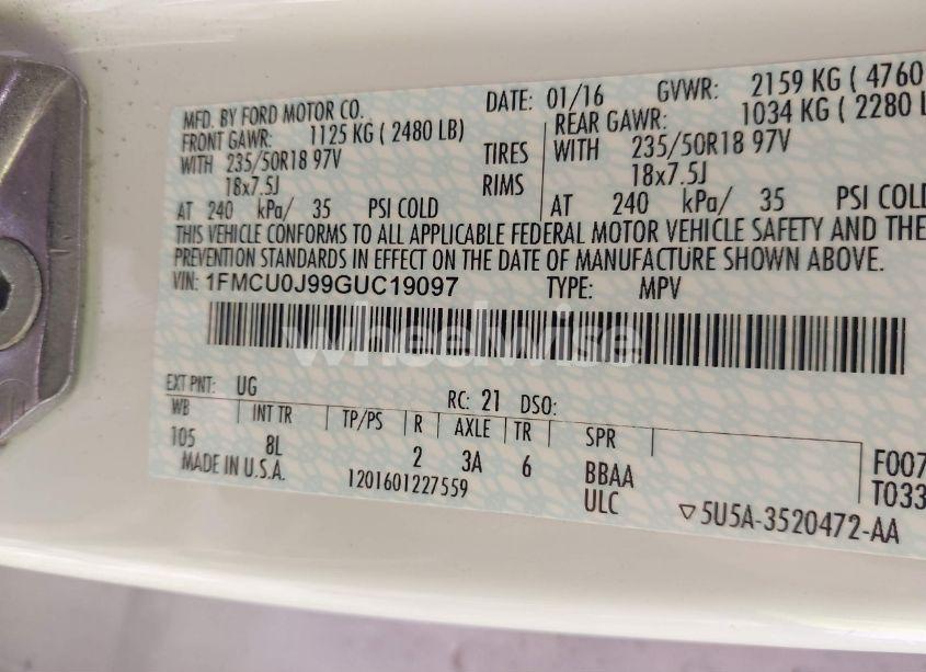 Photo 9 of 2016 Ford Escape TITANIUM (VIN 1FMCU0J99GUC19097)