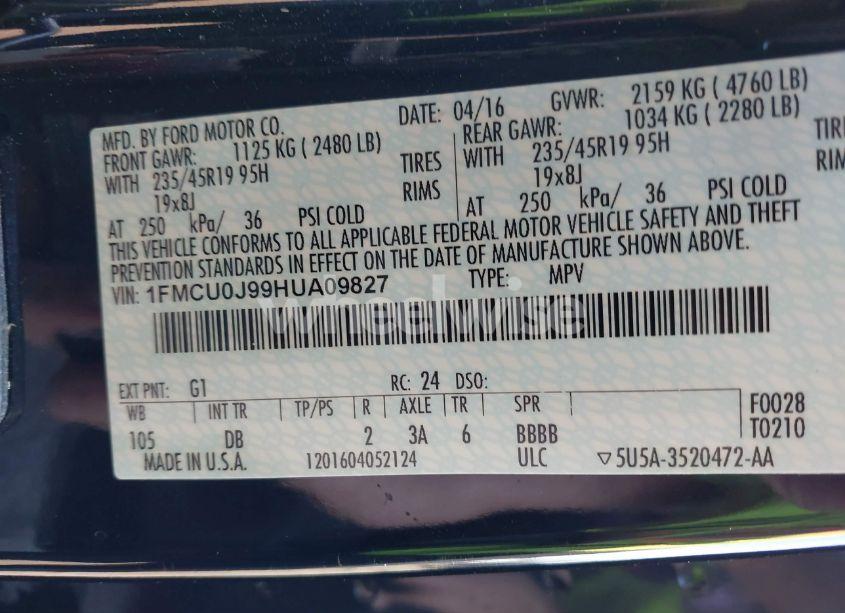 Photo 9 of 2017 Ford Escape TITANIUM (VIN 1FMCU0J99HUA09827)