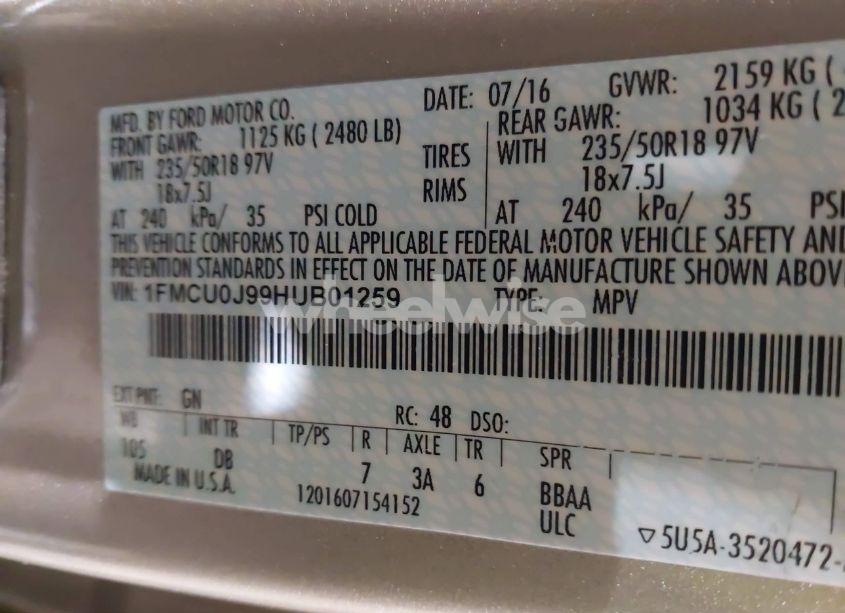 Photo 9 of 2017 Ford Escape TITANIUM (VIN 1FMCU0J99HUB01259)