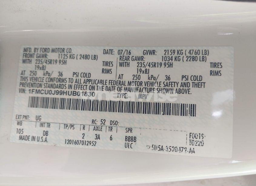 Photo 9 of 2017 Ford Escape TITANIUM (VIN 1FMCU0J99HUB01830)