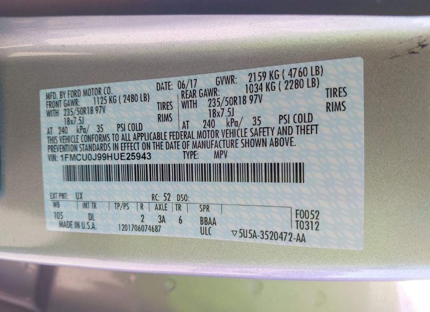 Photo 9 of 2017 Ford Escape TITANIUM (VIN 1FMCU0J99HUE25943)