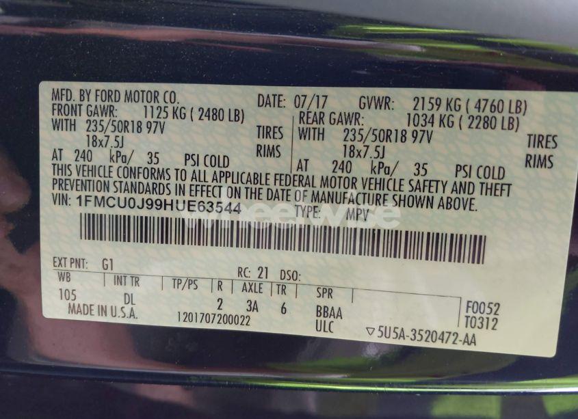 Photo 9 of 2017 Ford Escape TITANIUM (VIN 1FMCU0J99HUE63544)