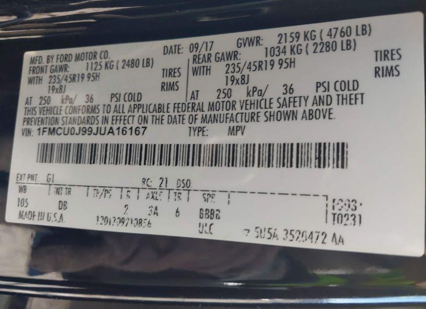 Photo 9 of 2018 Ford Escape TITANIUM (VIN 1FMCU0J99JUA16167)