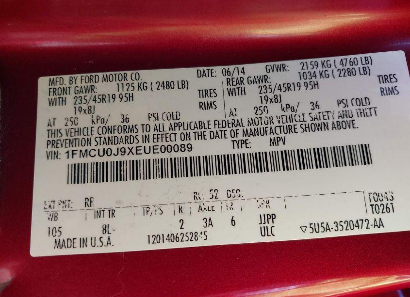 Photo 9 of 2014 Ford Escape TITANIUM (VIN 1FMCU0J9XEUE00089)