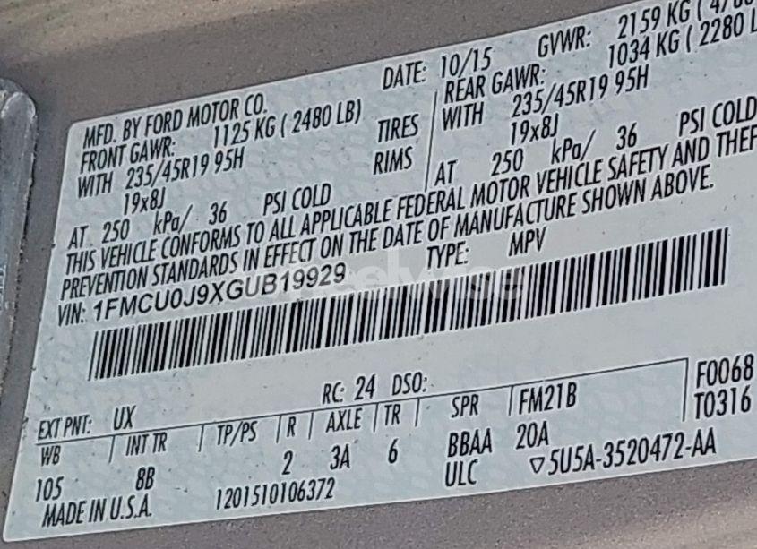 Photo 9 of 2016 Ford Escape TITANIUM (VIN 1FMCU0J9XGUB19929)