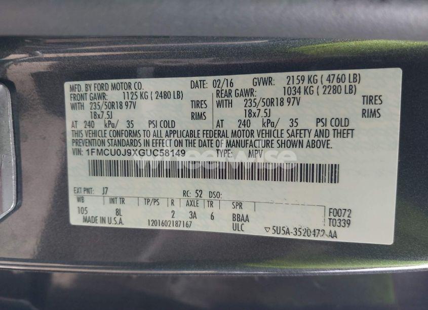 Photo 9 of 2016 Ford Escape TITANIUM (VIN 1FMCU0J9XGUC58149)