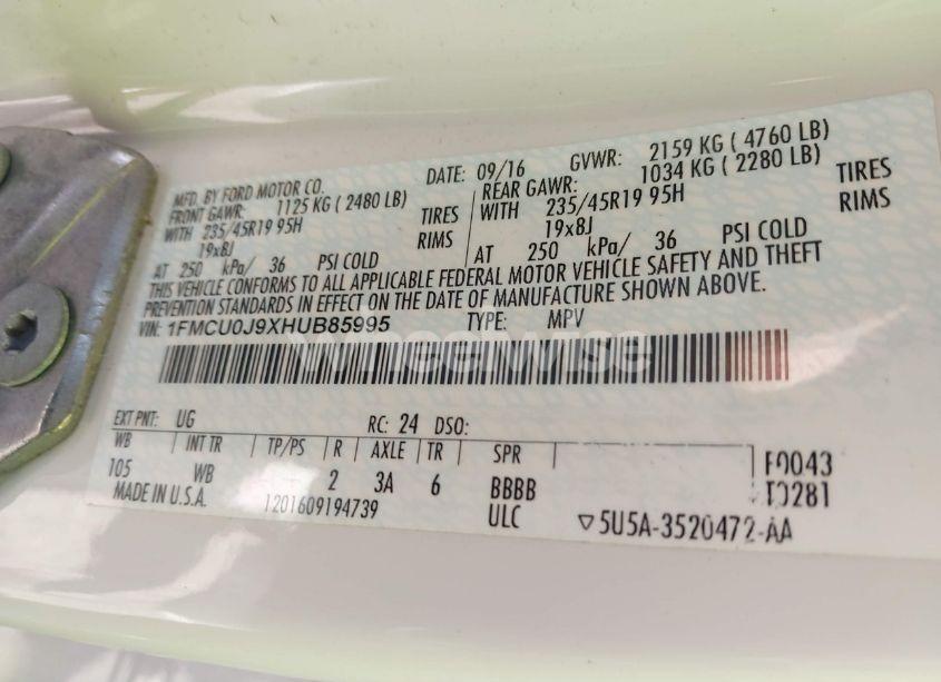 Photo 9 of 2017 Ford Escape TITANIUM (VIN 1FMCU0J9XHUB85995)