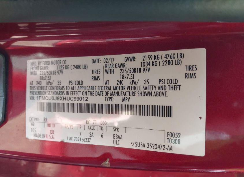 Photo 9 of 2017 Ford Escape TITANIUM (VIN 1FMCU0J9XHUC99012)