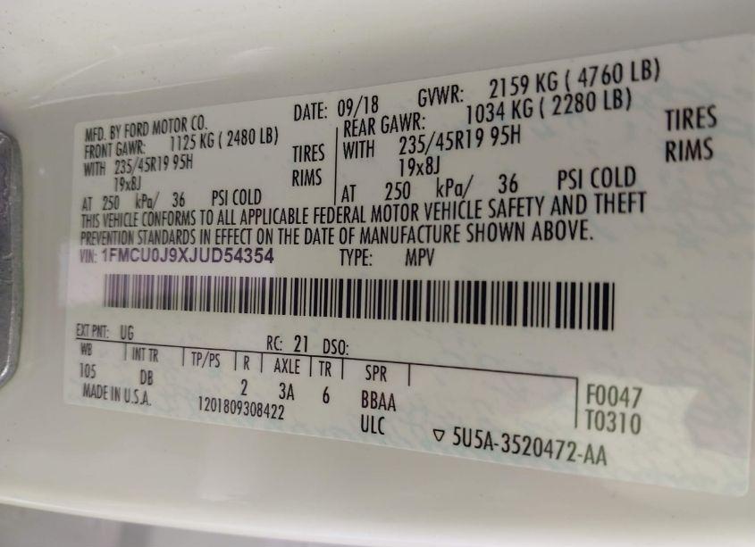 Photo 9 of 2018 Ford Escape TITANIUM (VIN 1FMCU0J9XJUD54354)