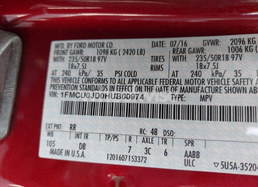 Photo 9 of 2017 Ford Escape TITANIUM (VIN 1FMCU0JD0HUB00974)