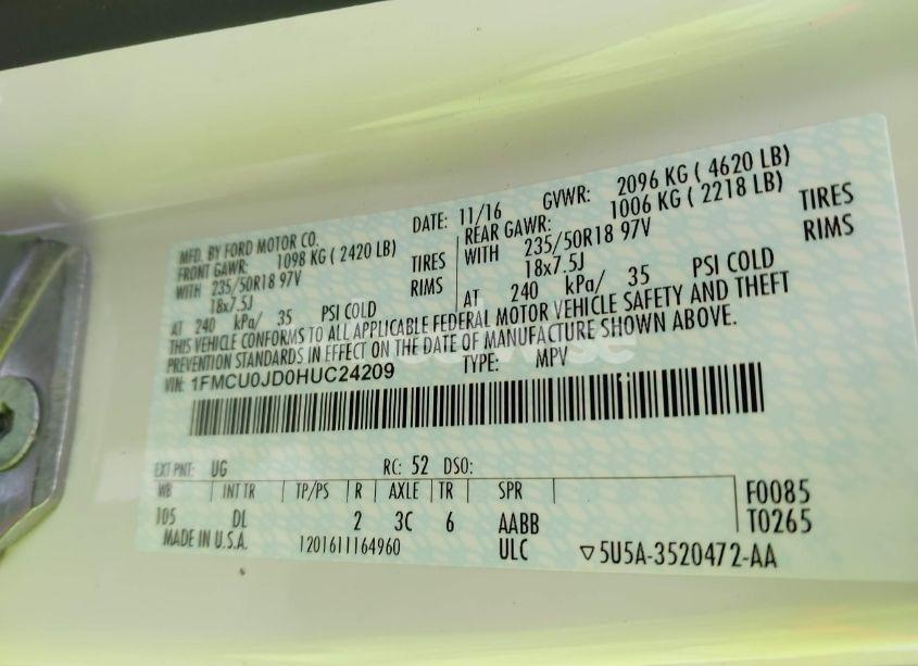 Photo 9 of 2017 Ford Escape TITANIUM (VIN 1FMCU0JD0HUC24209)