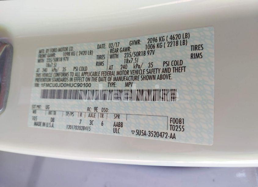 Photo 9 of 2017 Ford Escape TITANIUM (VIN 1FMCU0JD0HUC90100)