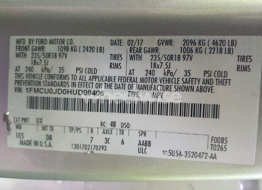 Photo 9 of 2017 Ford Escape TITANIUM (VIN 1FMCU0JD0HUD09406)