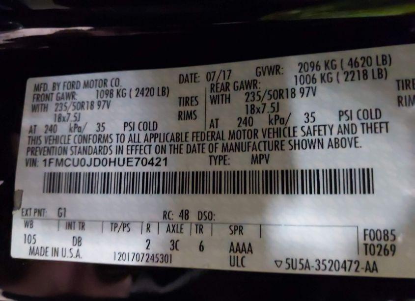 Photo 9 of 2017 Ford Escape TITANIUM (VIN 1FMCU0JD0HUE70421)