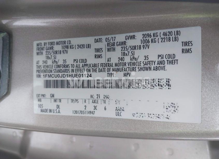 Photo 9 of 2017 Ford Escape TITANIUM (VIN 1FMCU0JD1HUE01124)