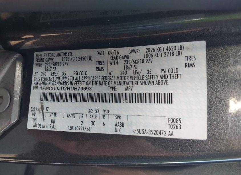 Photo 9 of 2017 Ford Escape TITANIUM (VIN 1FMCU0JD2HUB79693)