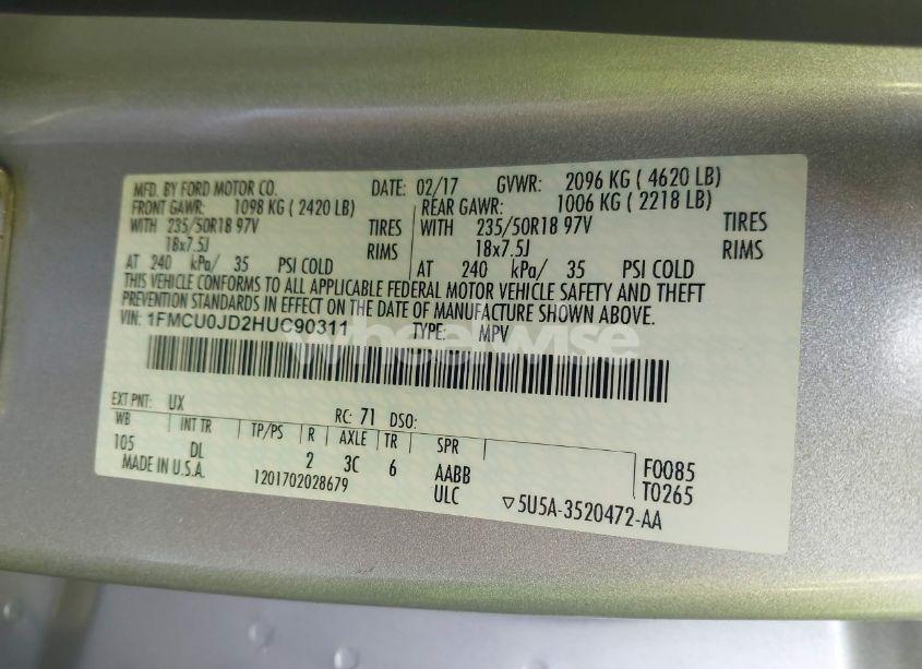 Photo 9 of 2017 Ford Escape TITANIUM (VIN 1FMCU0JD2HUC90311)