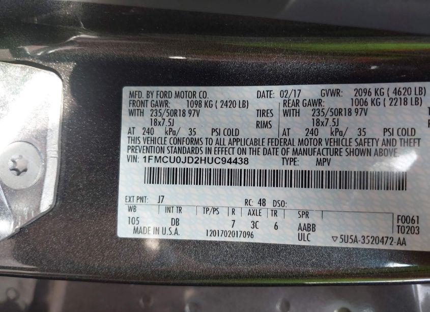 Photo 9 of 2017 Ford Escape TITANIUM (VIN 1FMCU0JD2HUC94438)