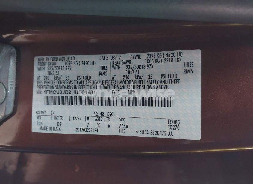 Photo 9 of 2017 Ford Escape TITANIUM (VIN 1FMCU0JD2HUD51981)