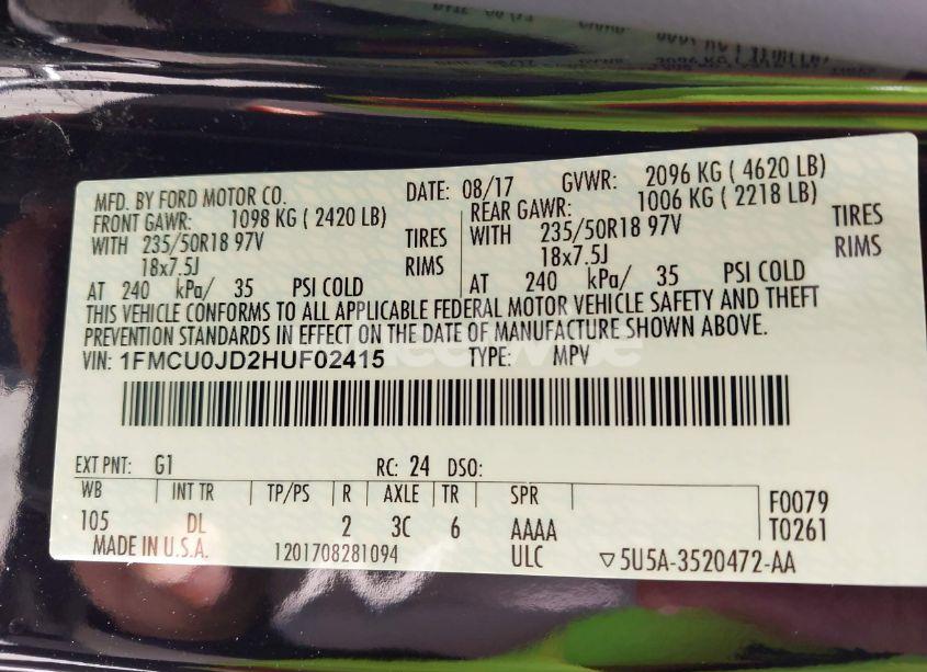 Photo 9 of 2017 Ford Escape TITANIUM (VIN 1FMCU0JD2HUF02415)