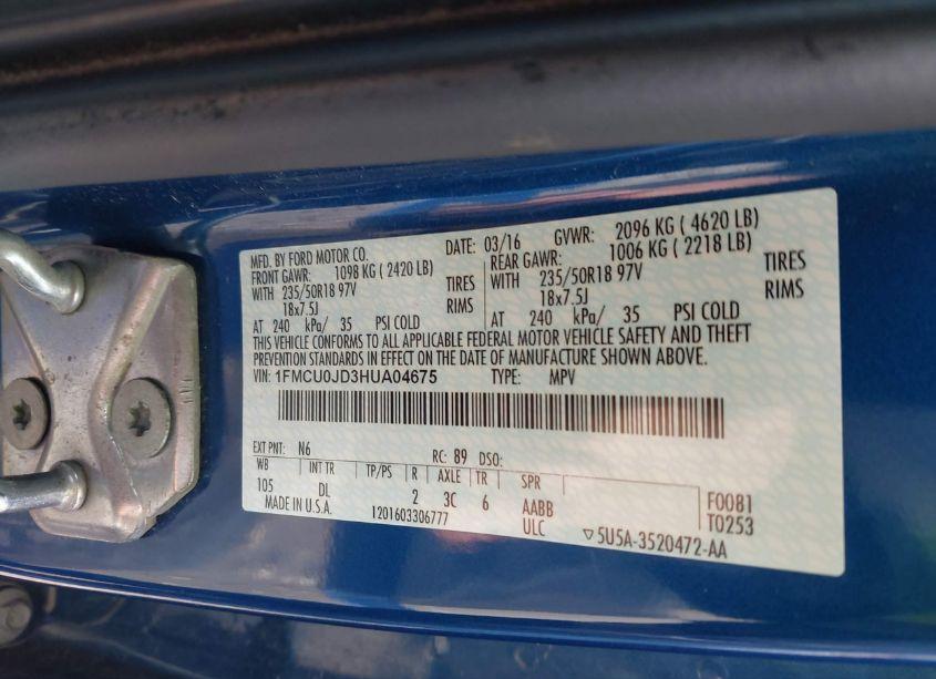 Photo 9 of 2017 Ford Escape TITANIUM (VIN 1FMCU0JD3HUA04675)