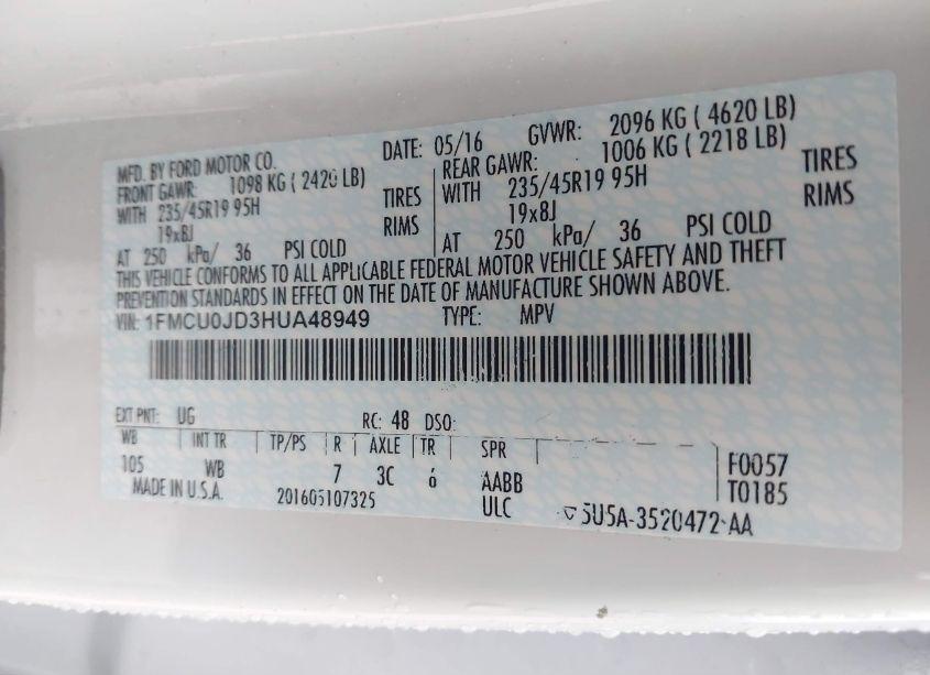 Photo 9 of 2017 Ford Escape TITANIUM (VIN 1FMCU0JD3HUA48949)