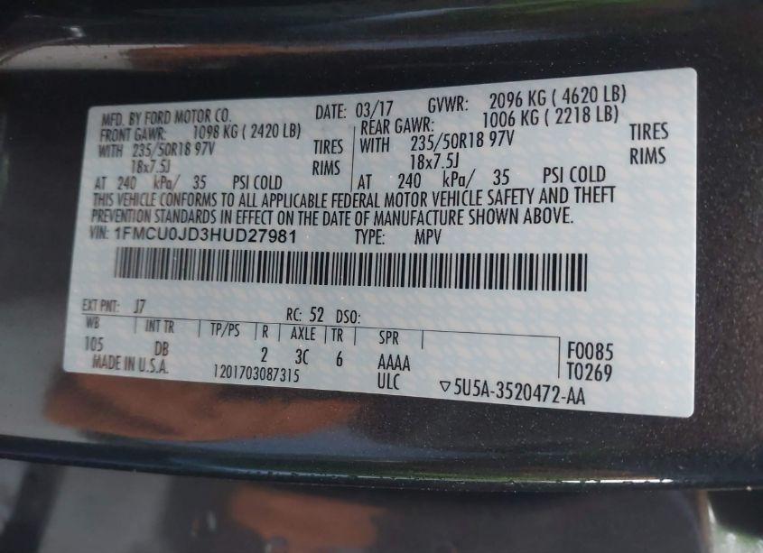 Photo 9 of 2017 Ford Escape TITANIUM (VIN 1FMCU0JD3HUD27981)