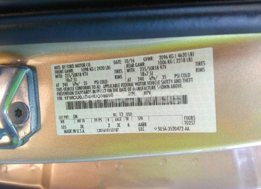 Photo 9 of 2017 Ford Escape TITANIUM (VIN 1FMCU0JD4HUC06098)