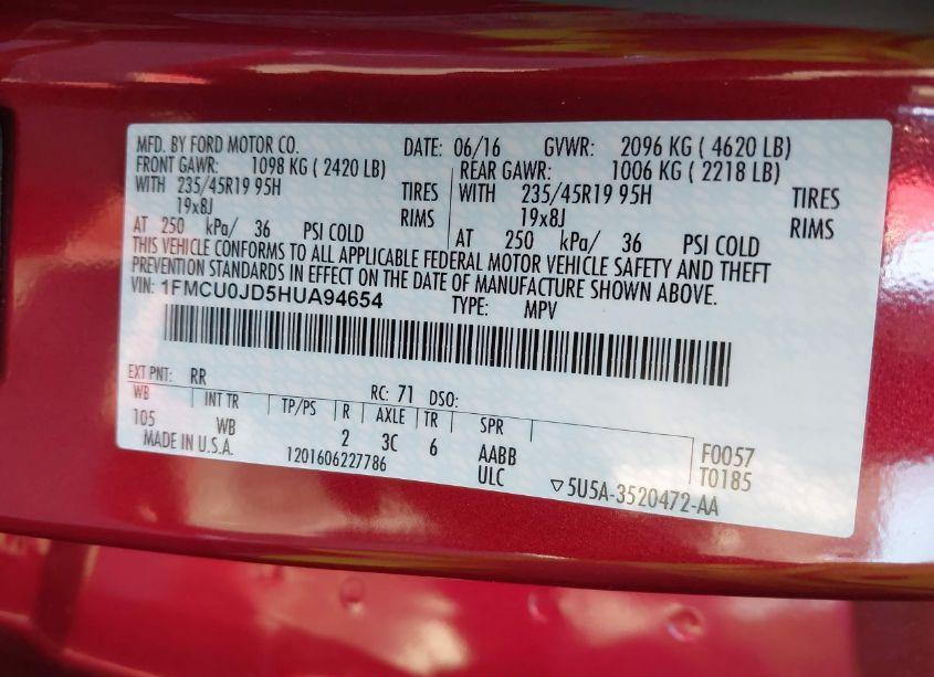 Photo 9 of 2017 Ford Escape TITANIUM (VIN 1FMCU0JD5HUA94654)