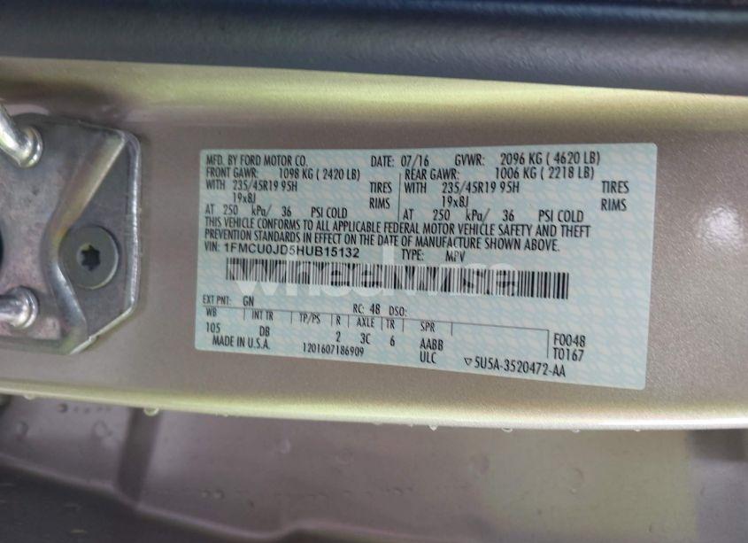 Photo 9 of 2017 Ford Escape TITANIUM (VIN 1FMCU0JD5HUB15132)