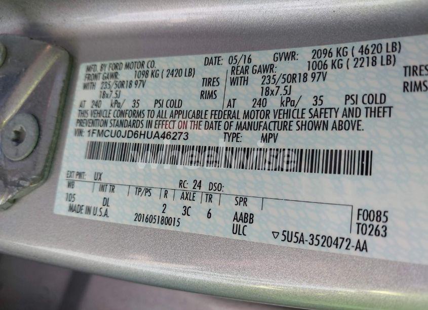 Photo 9 of 2017 Ford Escape TITANIUM (VIN 1FMCU0JD6HUA46273)