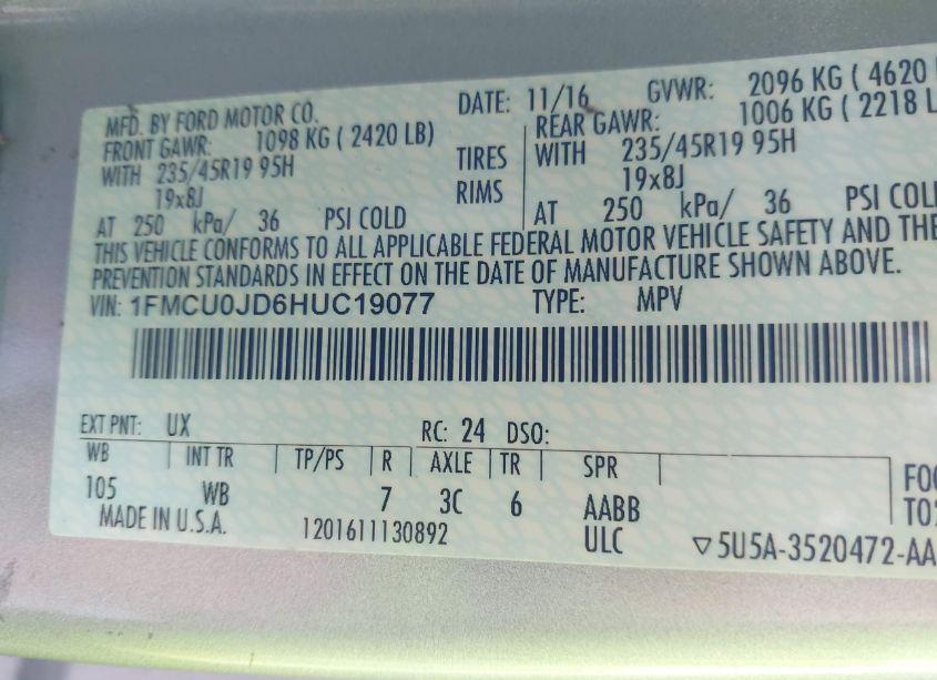 Photo 9 of 2017 Ford Escape TITANIUM (VIN 1FMCU0JD6HUC19077)