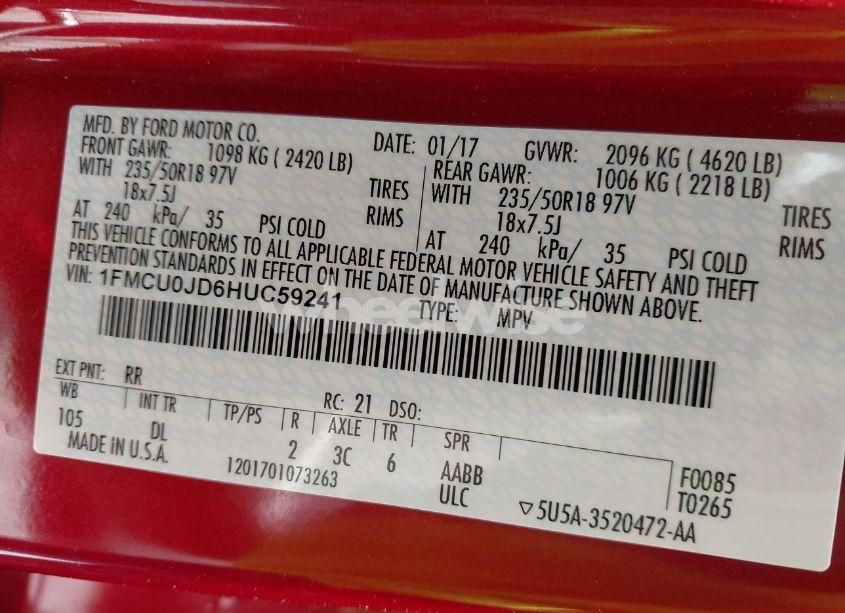 Photo 9 of 2017 Ford Escape TITANIUM (VIN 1FMCU0JD6HUC59241)