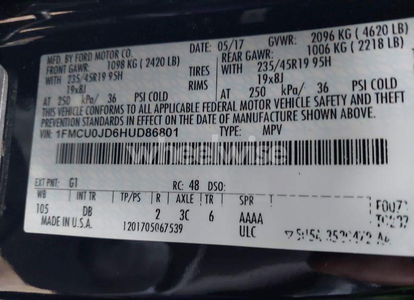 Photo 9 of 2017 Ford Escape TITANIUM (VIN 1FMCU0JD6HUD86801)