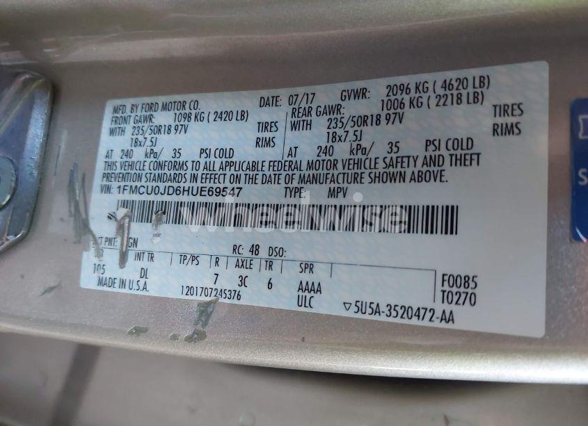 Photo 9 of 2017 Ford Escape TITANIUM (VIN 1FMCU0JD6HUE69547)