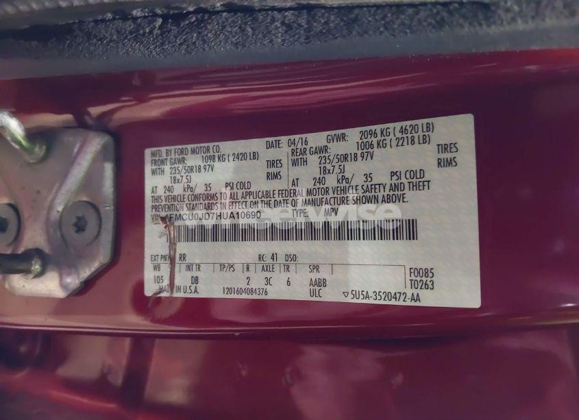 Photo 9 of 2017 Ford Escape TITANIUM (VIN 1FMCU0JD7HUA10690)