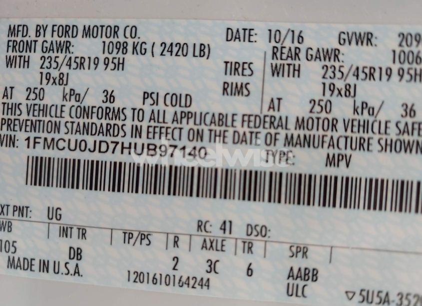 Photo 9 of 2017 Ford Escape TITANIUM (VIN 1FMCU0JD7HUB97140)