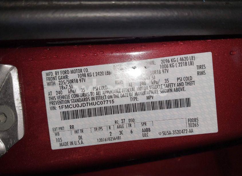 Photo 9 of 2017 Ford Escape TITANIUM (VIN 1FMCU0JD7HUC07715)