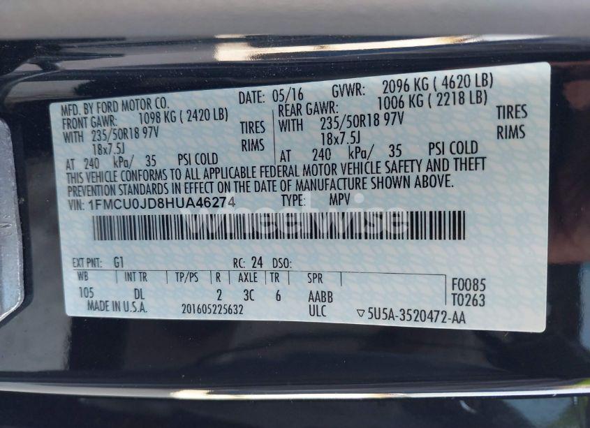 Photo 9 of 2017 Ford Escape TITANIUM (VIN 1FMCU0JD8HUA46274)