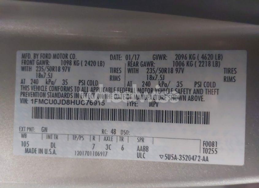 Photo 9 of 2017 Ford Escape TITANIUM (VIN 1FMCU0JD8HUC76915)